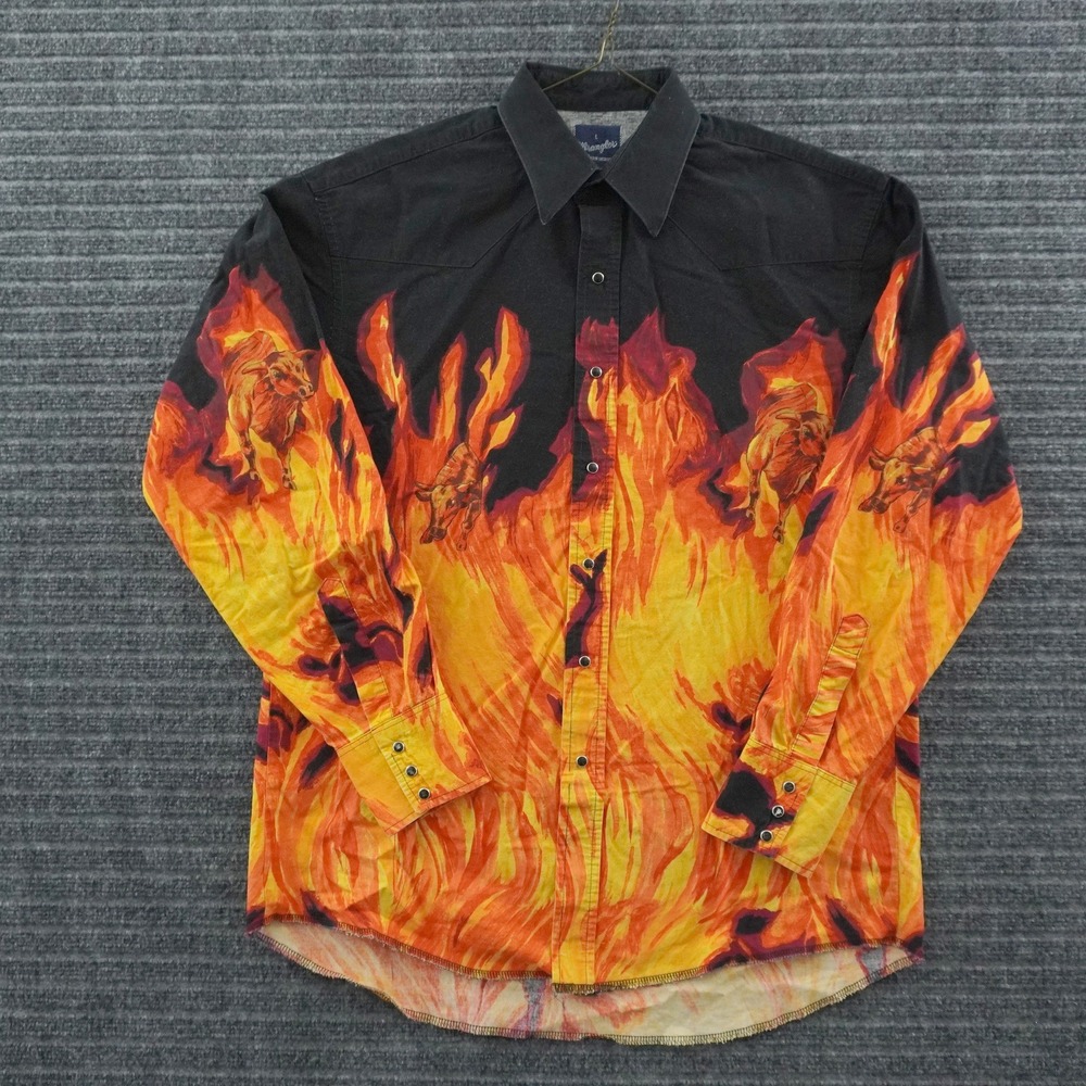 Vintage Wrangler Western Shirt Mens L Black Orange Flame Bull Pearl Snap Graphic
